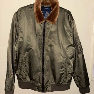 American Rag Olive Bomber Jacket with Brown Faux Fur Collar